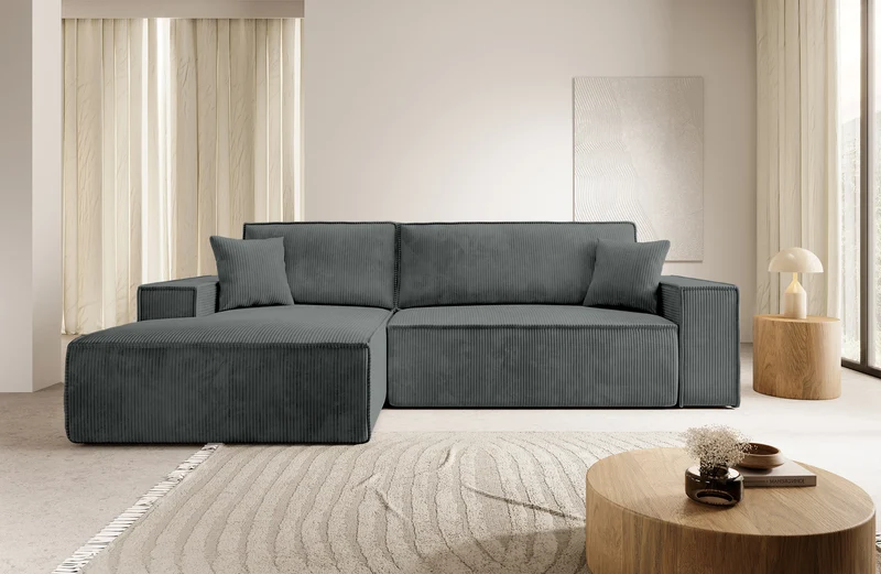Ecksofa mit Schlaffunktion Farese New L-förmig mit Stauraum, grauer Cord, linksseitig