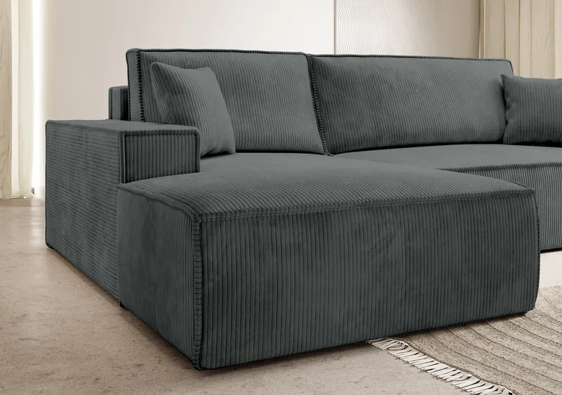 Ecksofa mit Schlaffunktion Farese New L-förmig mit Stauraum, grauer Cord, linksseitig