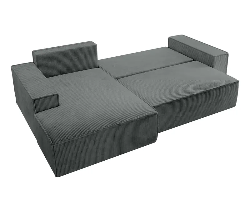 Ecksofa mit Schlaffunktion Farese New L-förmig mit Stauraum, grauer Cord, linksseitig