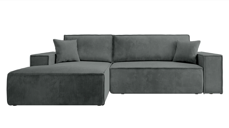 Ecksofa mit Schlaffunktion Farese New L-förmig mit Stauraum, grauer Cord, linksseitig