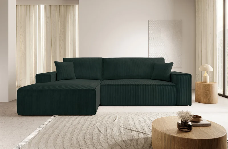 Ecksofa mit Schlaffunktion Farese New, L-förmig, mit Stauraum, grün, Cord, linksseitig