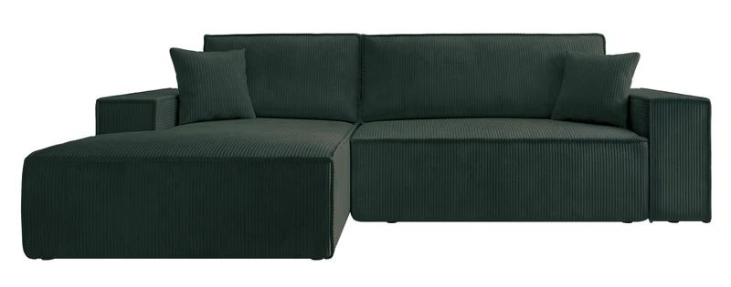 Ecksofa mit Schlaffunktion Farese Mini, L-förmig, linksseitig, mit Stauraum, dunkelgrüner Cordstoff