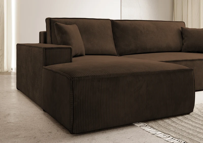 Ecksofa mit Schlaffunktion Farese New, L-förmig, mit Stauraum, brauner Cord, linksseitig