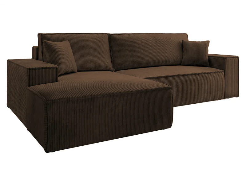Ecksofa mit Schlaffunktion Farese New, L-förmig, mit Stauraum, brauner Cord, linksseitig