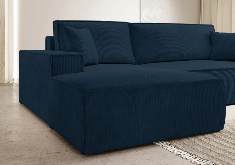 Ecksofa mit Schlaf-Funktion Farese New, L-förmig, mit Stauraum, dunkelblauer Cord, linksseitig