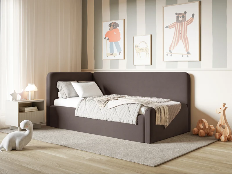 Jugendbett 120x200 cm Fanklo linksseitig mit Matratze, Stauraum und Geländern, brauner Velours, wasserabweisend und pflegeleicht