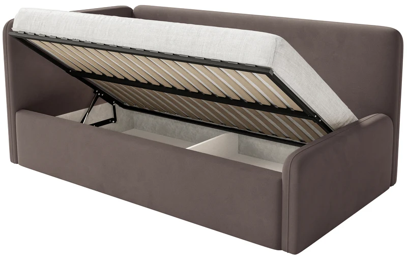 Jugendbett 120x200 cm Fanklo linksseitig mit Matratze, Stauraum und Geländern, brauner Velours, wasserabweisend und pflegeleicht