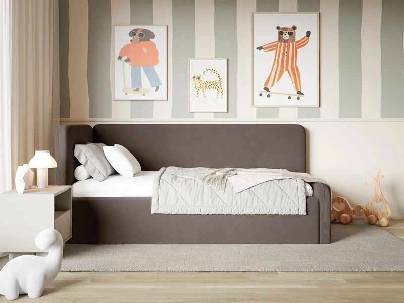 Jugendbett 120x200 cm Fanklo linksseitig mit Matratze, Stauraum und Geländern, brauner Velours, wasserabweisend und pflegeleicht