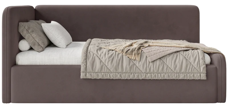 Jugendbett 120x200 cm Fanklo linksseitig mit Matratze, Stauraum und Geländern, brauner Velours, wasserabweisend und pflegeleicht