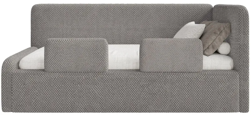 Jugendbett 120x200 cm Fanklo rechtsseitig mit Stauraum und Schutzgittern, grau-brauner Plüsch, wasserabweisend