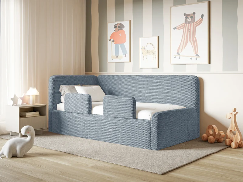 Jugendbett 120x200 cm Fanklo linksseitig mit Stauraum und blauen Plüsch-Hydrophob-Gittern