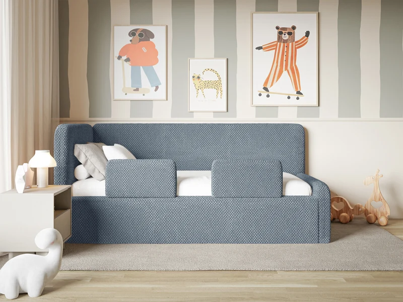 Jugendbett 120x200 cm Fanklo linksseitig mit Stauraum und blauen Plüsch-Hydrophob-Gittern