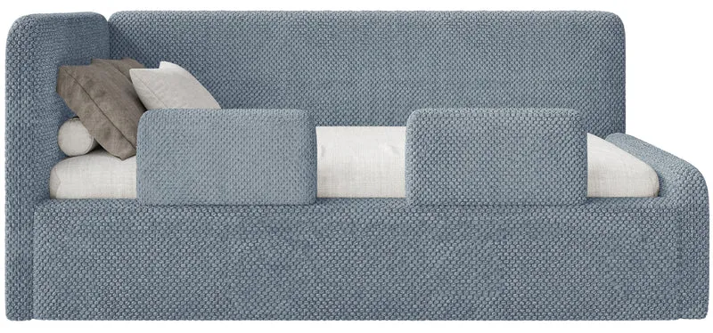 Jugendbett 120x200 cm Fanklo linksseitig mit Stauraum und blauen Plüsch-Hydrophob-Gittern