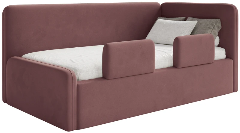Jugendbett 120x200 cm Fanklo rechtsseitig mit Stauraum und Geländern, rosa Velours, wasserabweisend und leicht zu reinigen