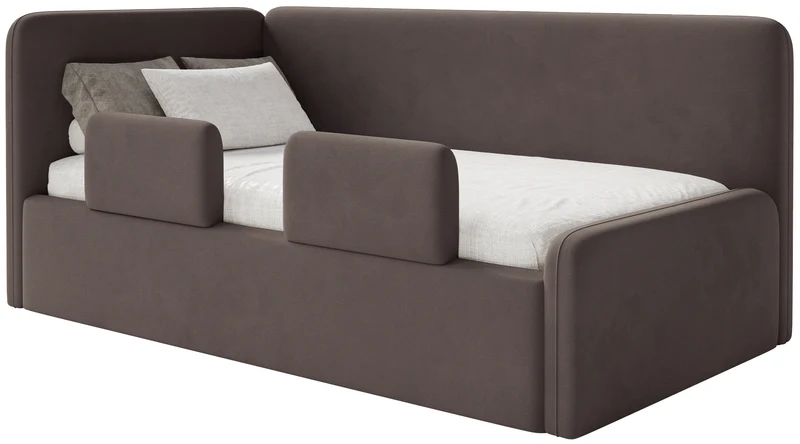 Jugendbett 120x200 cm Fanklo linksseitig mit Matratze, Stauraum und Geländern, brauner Velours, wasserabweisend und pflegeleicht