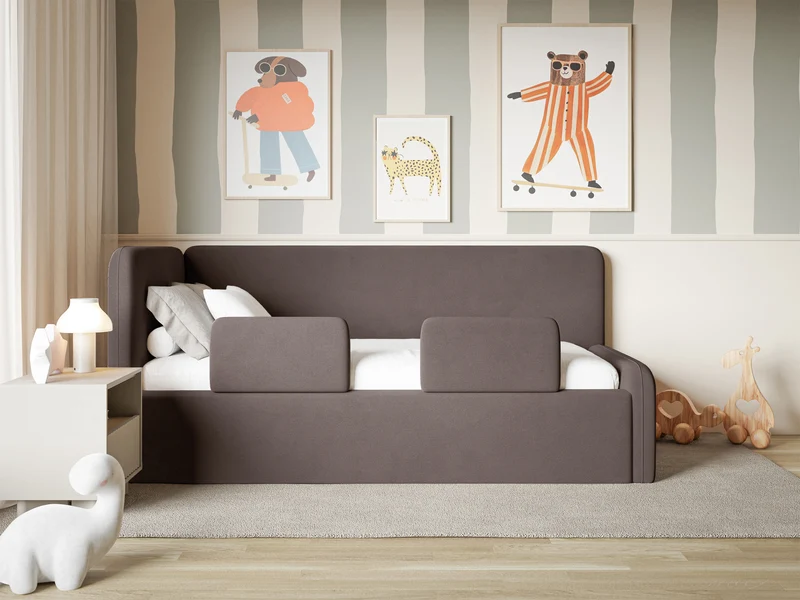 Jugendbett 120x200 cm Fanklo linksseitig mit Matratze, Stauraum und Geländern, brauner Velours, wasserabweisend und pflegeleicht