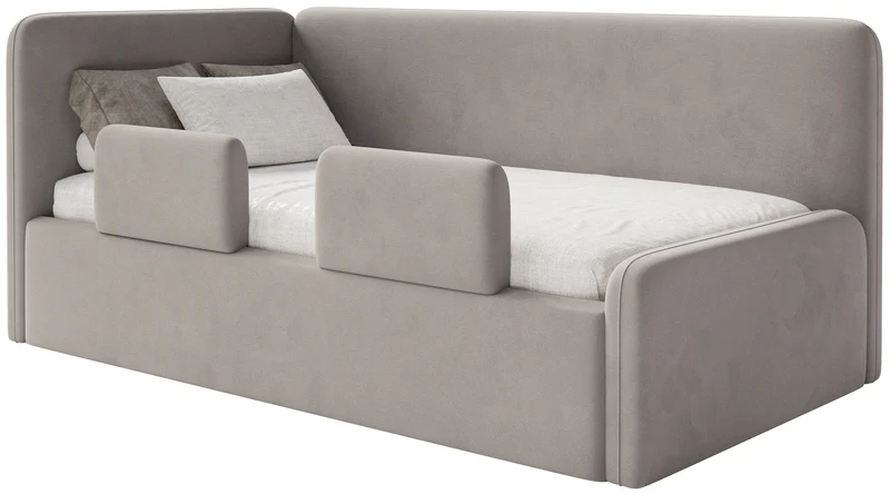 Jugendbett 120x200 cm Fanklo linksseitig mit Matratze, Stauraum und Geländern, grau-beiger Velours, wasserabweisend und pflegeleicht
