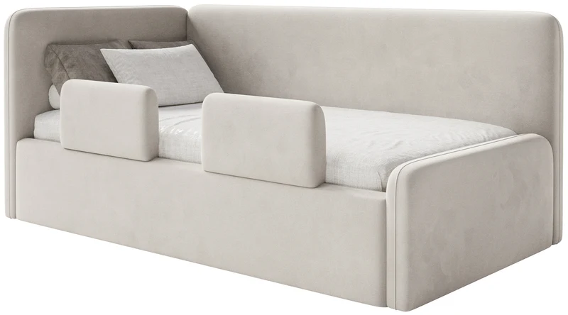 Jugendbett 120x200 cm Fanklo linksseitig mit Matratze, Stauraum und Geländern, hellbeiger Velours, wasserabweisend und leicht zu reinigen