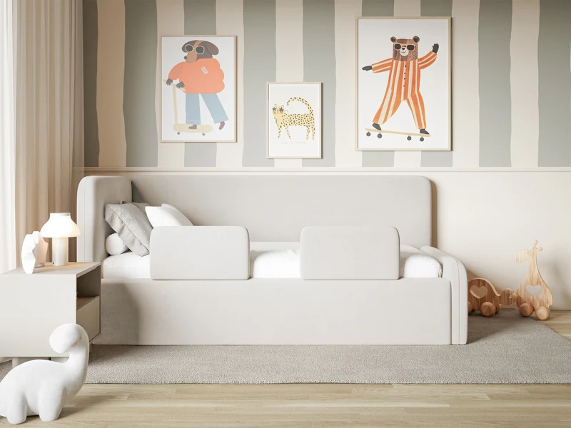 Jugendbett 120x200 cm Fanklo linksseitig mit Matratze, Stauraum und Geländern, hellbeiger Velours, wasserabweisend und leicht zu reinigen