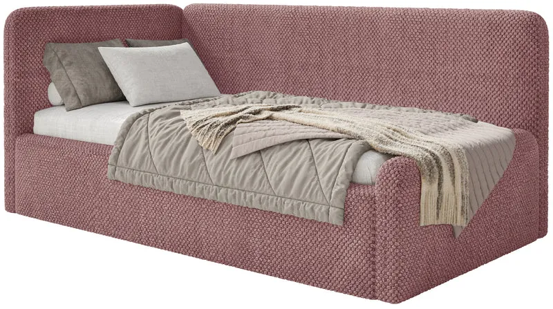 Jugendbett 90x200 cm Fanklo linksseitig mit Matratze, Stauraum und Geländern, rosa Plüsch, wasserabweisend