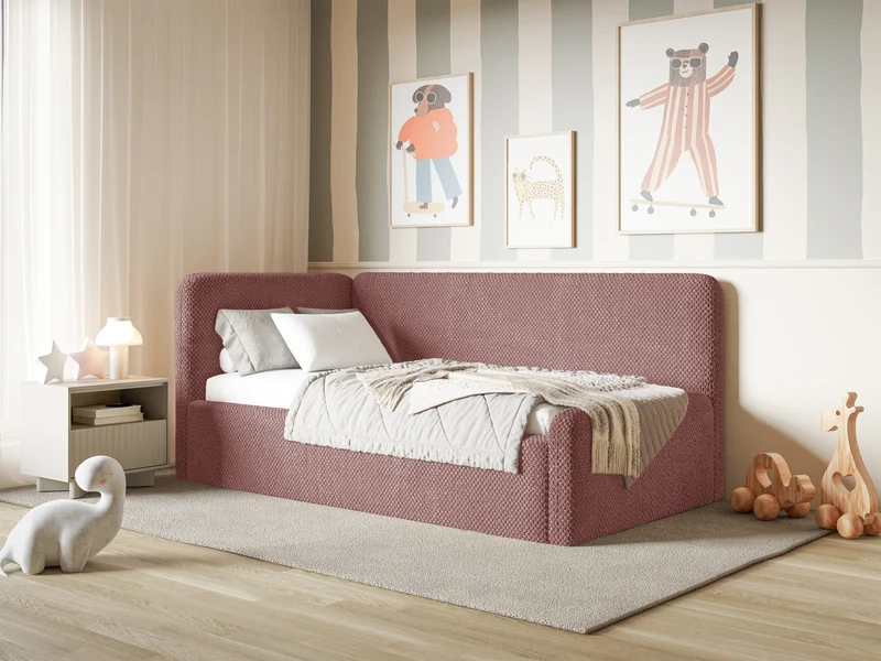 Jugendbett 90x200 cm Fanklo linksseitig mit Matratze, Stauraum und Geländern, rosa Plüsch, wasserabweisend