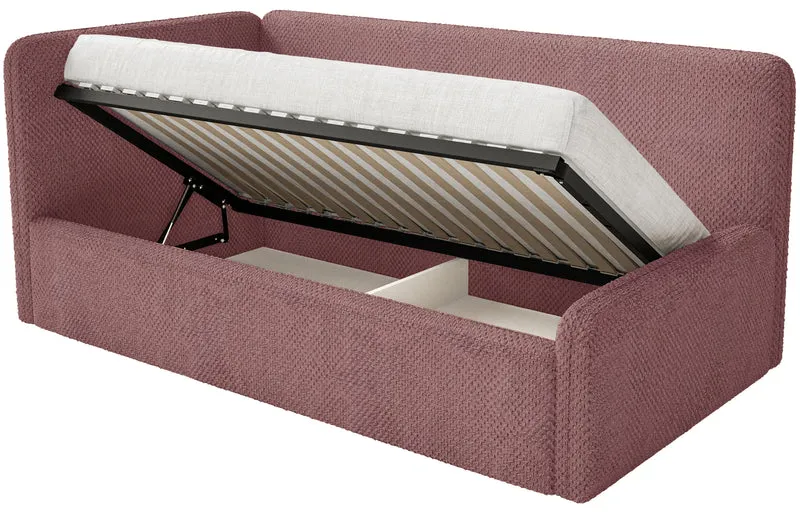 Jugendbett 90x200 cm Fanklo linksseitig mit Matratze, Stauraum und Geländern, rosa Plüsch, wasserabweisend
