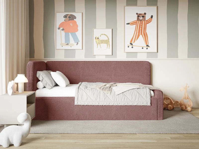 Jugendbett 90x200 cm Fanklo linksseitig mit Matratze, Stauraum und Geländern, rosa Plüsch, wasserabweisend