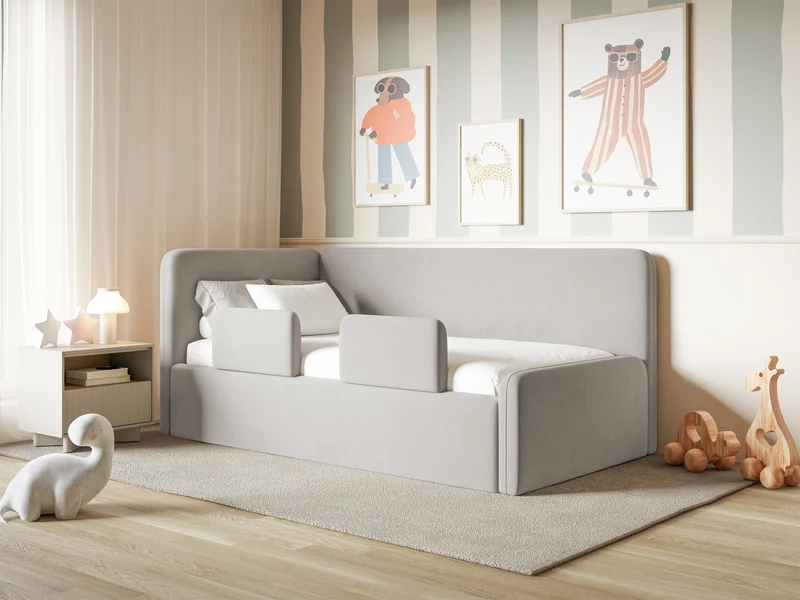 Jugendbett 90x200 cm Fanklo linksseitig mit Stauraum und hellgrauen, wasserabweisenden, pflegeleichten Samt-Geländern