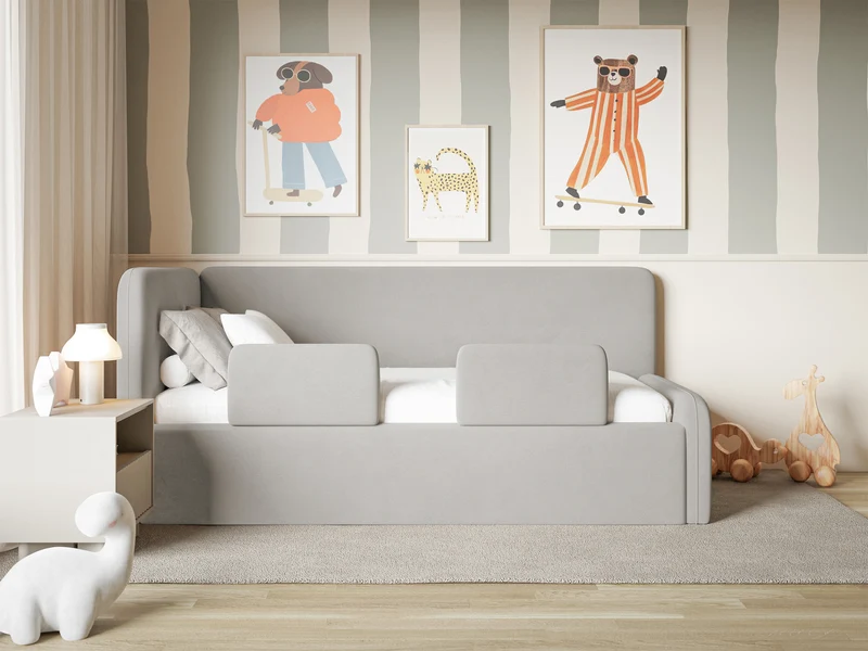Jugendbett 90x200 cm Fanklo linksseitig mit Stauraum und hellgrauen, wasserabweisenden, pflegeleichten Samt-Geländern