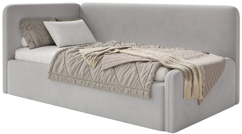 Jugendbett 90x200 cm Fanklo linksseitig mit Stauraum und hellgrauen, wasserabweisenden, pflegeleichten Samt-Geländern