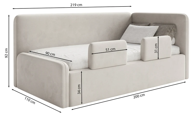 Jugendbett 90x200 cm Fanklo rechtsseitig mit Matratze, Stauraum und Geländern, brauner Velours, wasserabweisend und leicht zu reinigen
