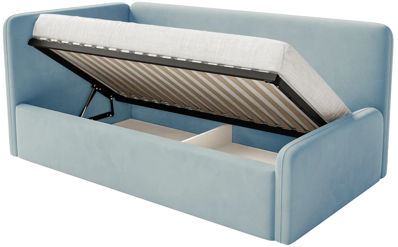 Jugendbett 90x200 cm Fanklo linksseitig mit Matratze, Stauraum und blauen Samt-Hydrophob-Schutzgittern, leicht zu reinigen