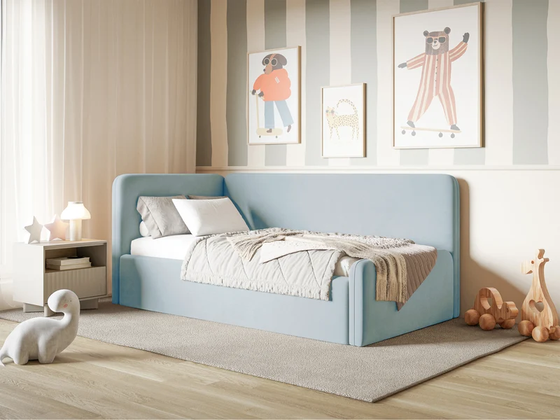 Jugendbett 90x200 cm Fanklo linksseitig mit Matratze, Stauraum und blauen Samt-Hydrophob-Schutzgittern, leicht zu reinigen