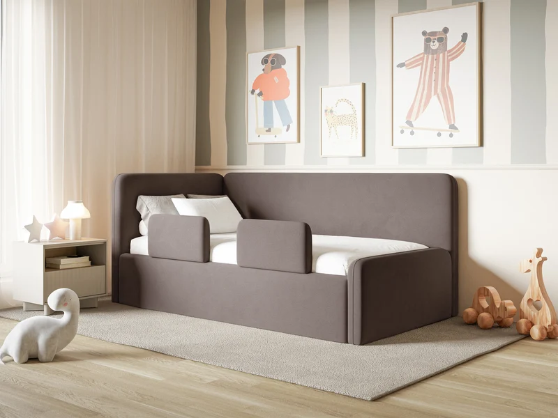 Jugendbett 90x200 cm Fanklo linksseitig mit Matratze, Stauraum und Geländern, brauner Velours, wasserabweisend und leicht zu reinigen