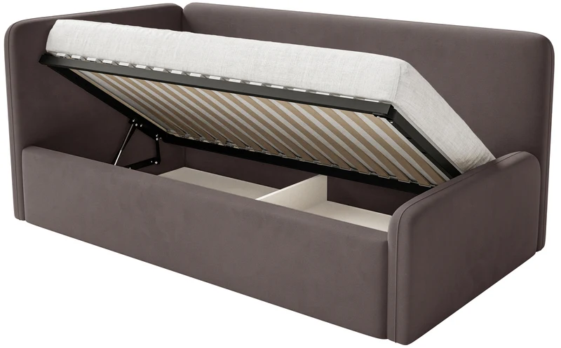 Jugendbett 90x200 cm Fanklo linksseitig mit Matratze, Stauraum und Geländern, brauner Velours, wasserabweisend und leicht zu reinigen