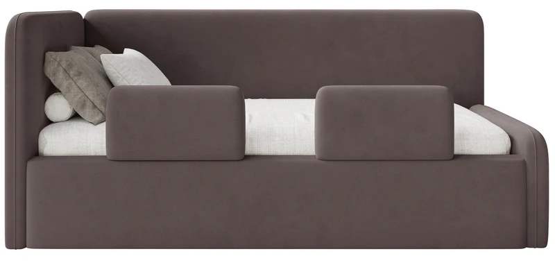 Jugendbett 90x200 cm Fanklo linksseitig mit Matratze, Stauraum und Geländern, brauner Velours, wasserabweisend und leicht zu reinigen