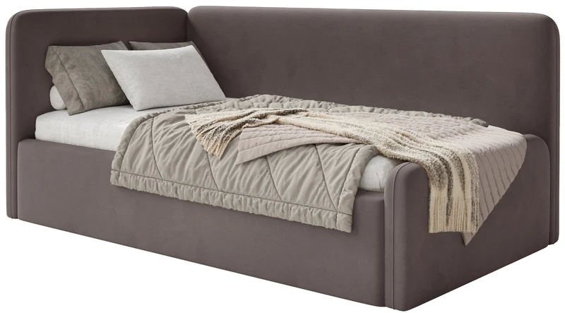 Jugendbett 90x200 cm Fanklo linksseitig mit Matratze, Stauraum und Geländern, brauner Velours, wasserabweisend und leicht zu reinigen