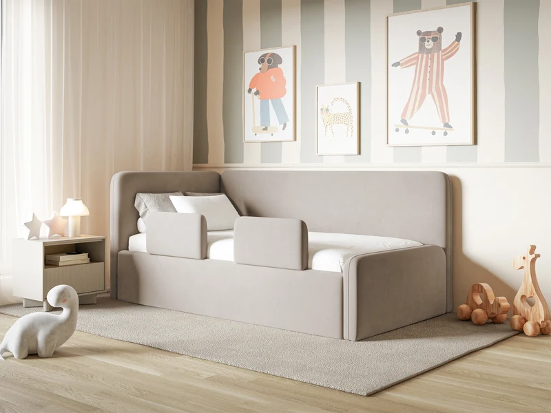 Jugendbett 90x200 cm Fanklo linksseitig mit Matratze, Stauraum und Geländern, hellbeige-grauer Velours, wasserabweisend und leicht zu reinigen