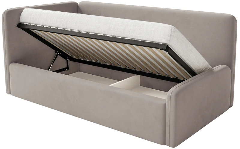 Jugendbett 90x200 cm Fanklo linksseitig mit Matratze, Stauraum und Geländern, hellbeige-grauer Velours, wasserabweisend und leicht zu reinigen