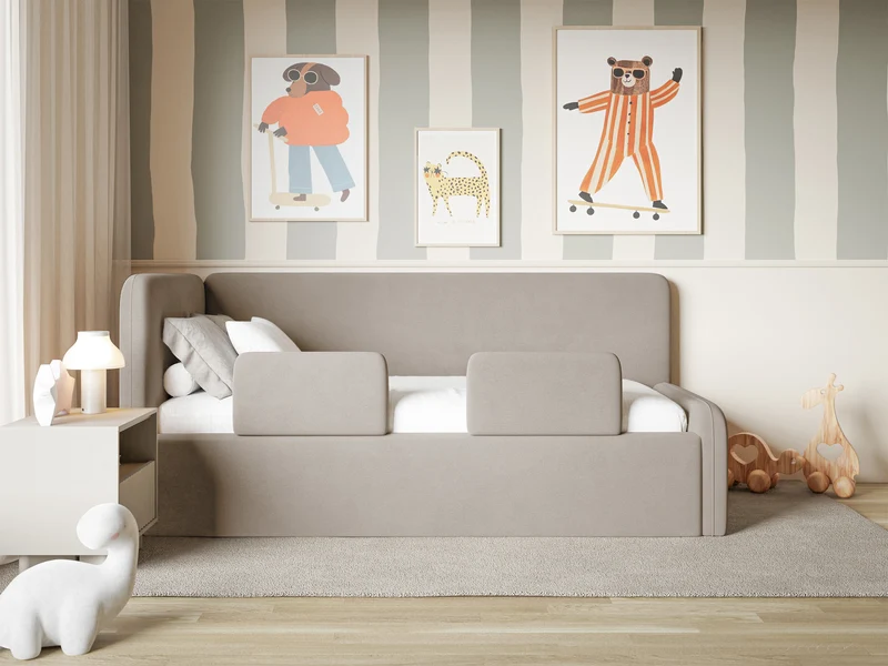 Jugendbett 90x200 cm Fanklo linksseitig mit Matratze, Stauraum und Geländern, hellbeige-grauer Velours, wasserabweisend und leicht zu reinigen