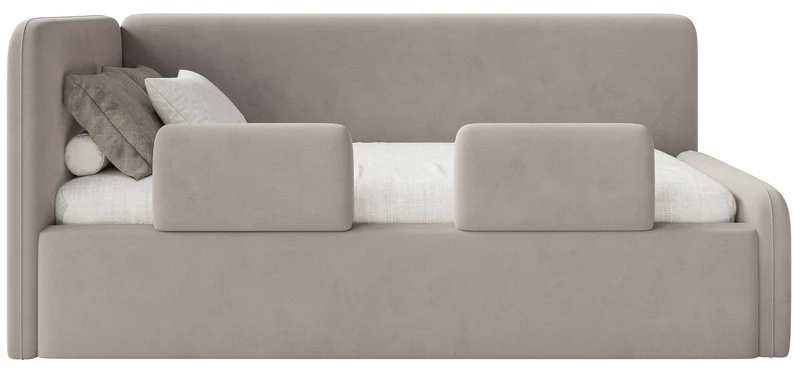 Jugendbett 90x200 cm Fanklo linksseitig mit Matratze, Stauraum und Geländern, hellbeige-grauer Velours, wasserabweisend und leicht zu reinigen