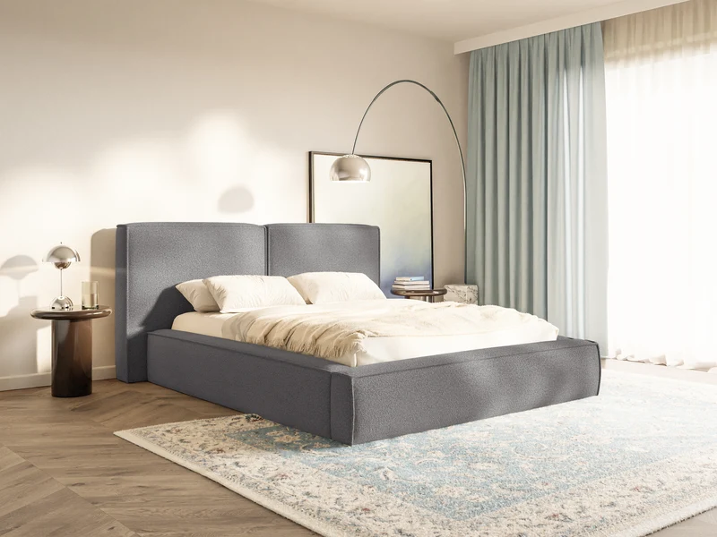 Polsterbett 180x200 cm Tilves mit Stauraum, Metallrahmen, dunkelgrauer Bouclé-Stoff