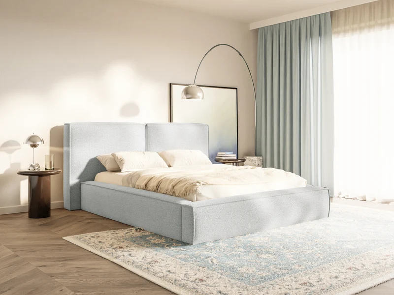 Polsterbett 140x200 cm Tilves mit Stauraum, Metallrahmen, hellgrauer Bouclé-Stoff