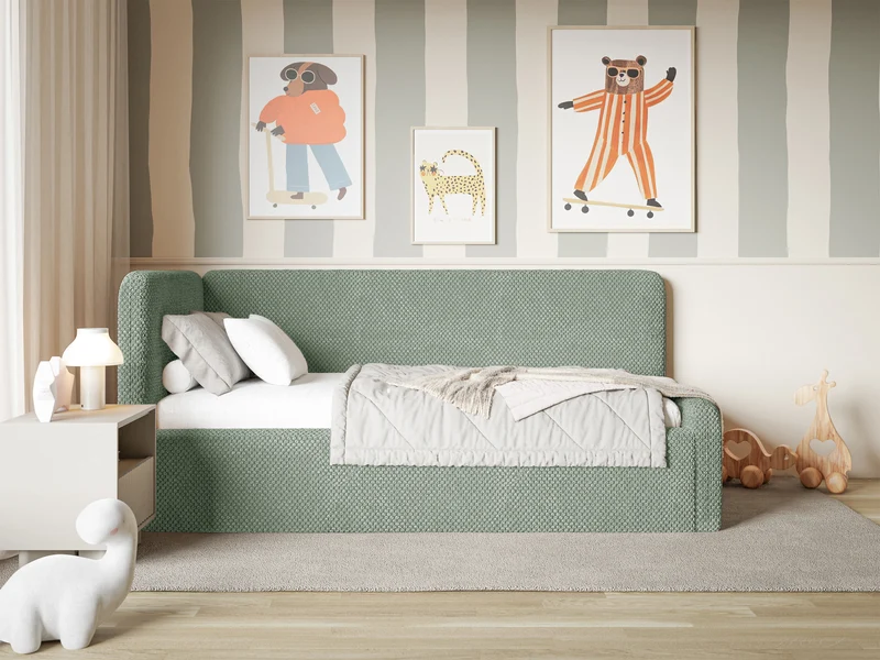 Jugendbett 90x200 cm Fanklo linksseitig mit Stauraum und Seitengittern, salbeigrüner, wasserabweisender Plüsch
