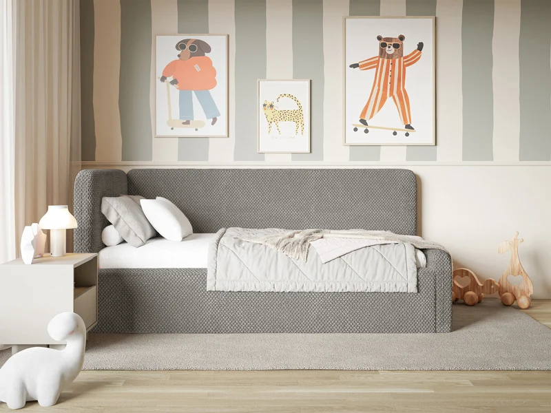 Jugendbett 90x200 cm Fanklo linksseitig mit Stauraum, graubraunes Plüsch, wasserabweisend