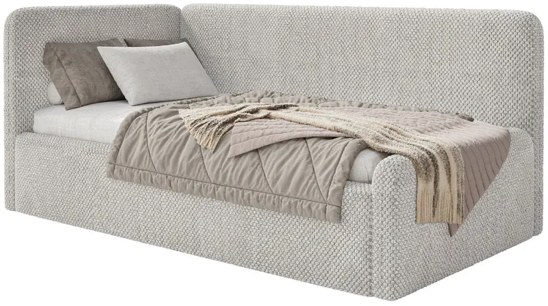 Jugendbett 90x200 cm Fanklo linksseitig mit Matratze und Stauraum, grau-beige Plüsch, wasserabweisend