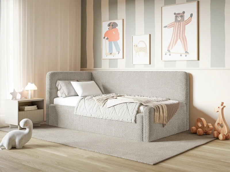 Jugendbett 90x200 cm Fanklo linksseitig mit Matratze und Stauraum, grau-beige Plüsch, wasserabweisend
