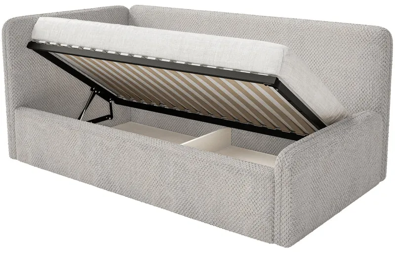 Jugendbett 90x200 cm Fanklo linksseitig mit Matratze und Stauraum, grau-beige Plüsch, wasserabweisend
