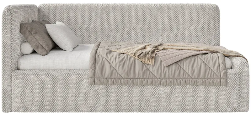 Jugendbett 90x200 cm Fanklo linksseitig mit Matratze und Stauraum, grau-beige Plüsch, wasserabweisend