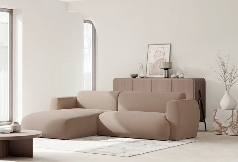 Ecksofa mit Schlafunktion Emia, L-förmig, linksseitig, beige, pflegeleichter Chenillestoff